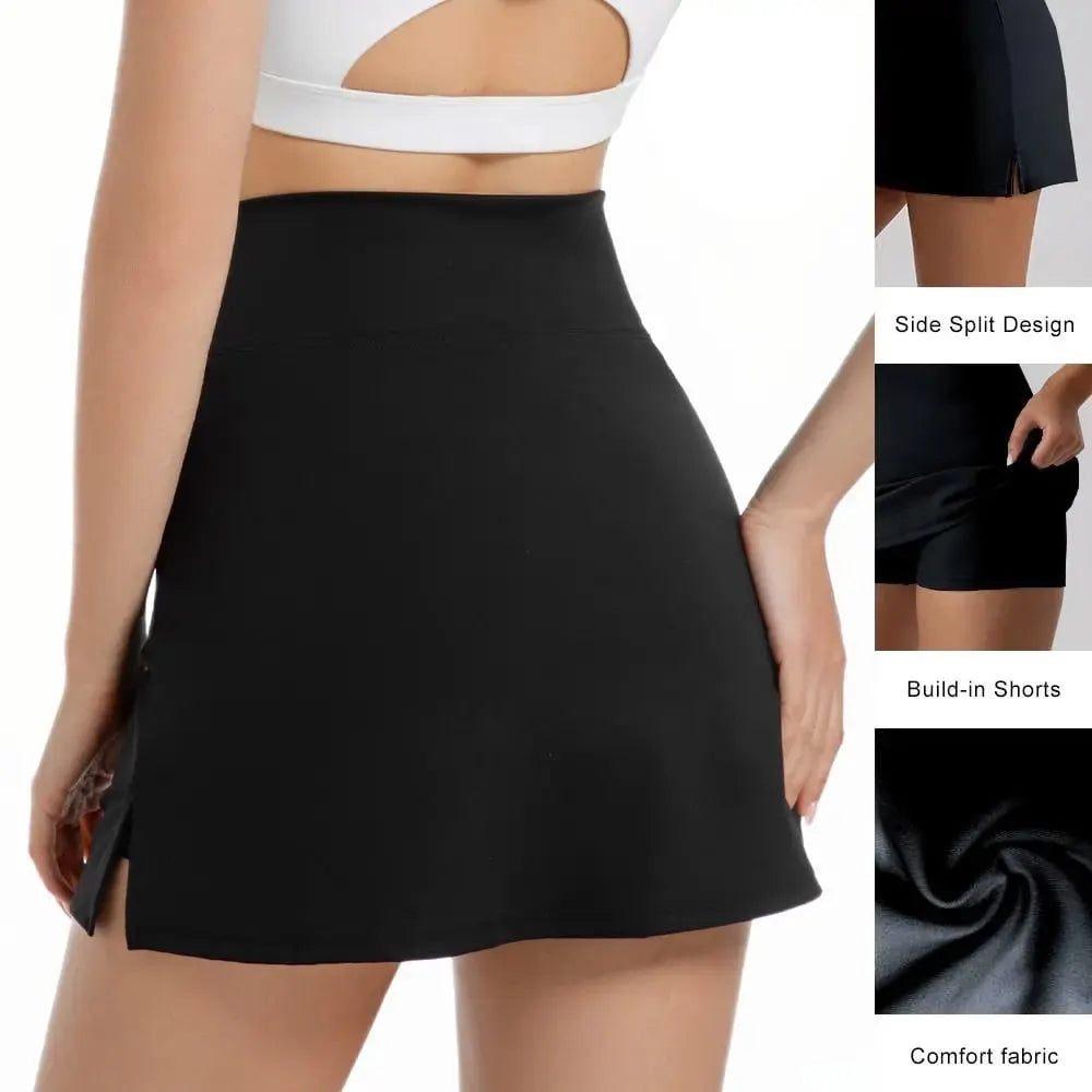🔥 ☁️Women's Solid Color Leopard Stretch High Waist Straight Slit Mini Sports Skirt Short Skirt Breathable Anti-See-through Stretch Pencil Mini Skirt whith shorts Casual Skin Friendly🏃♀️
