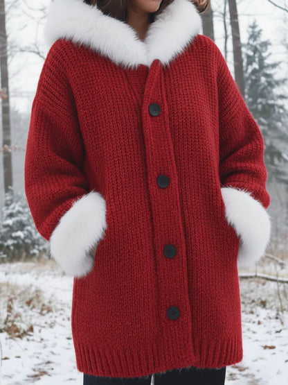Cozy Fur-collar Patchwork Knit Button-down Coat