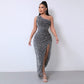 💃LAST DAY SALE 50% OFF!!💋Women's Glitter Sequins One Shoulder Ruched Split Thigh Bodycon Dress