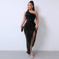 💃LAST DAY SALE 50% OFF!!💋Women's Glitter Sequins One Shoulder Ruched Split Thigh Bodycon Dress