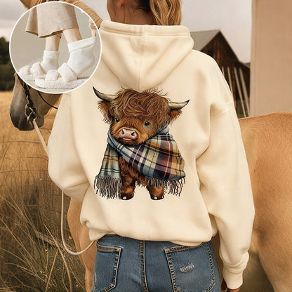 🎄HOT SALE 50% OFF!!🎁Cute Highland Cow Cozy Fleece-Lined Hooded Sweatshirt🦬✨Perfect Gift for Her!