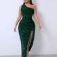 💃LAST DAY SALE 50% OFF!!💋Women's Glitter Sequins One Shoulder Ruched Split Thigh Bodycon Dress