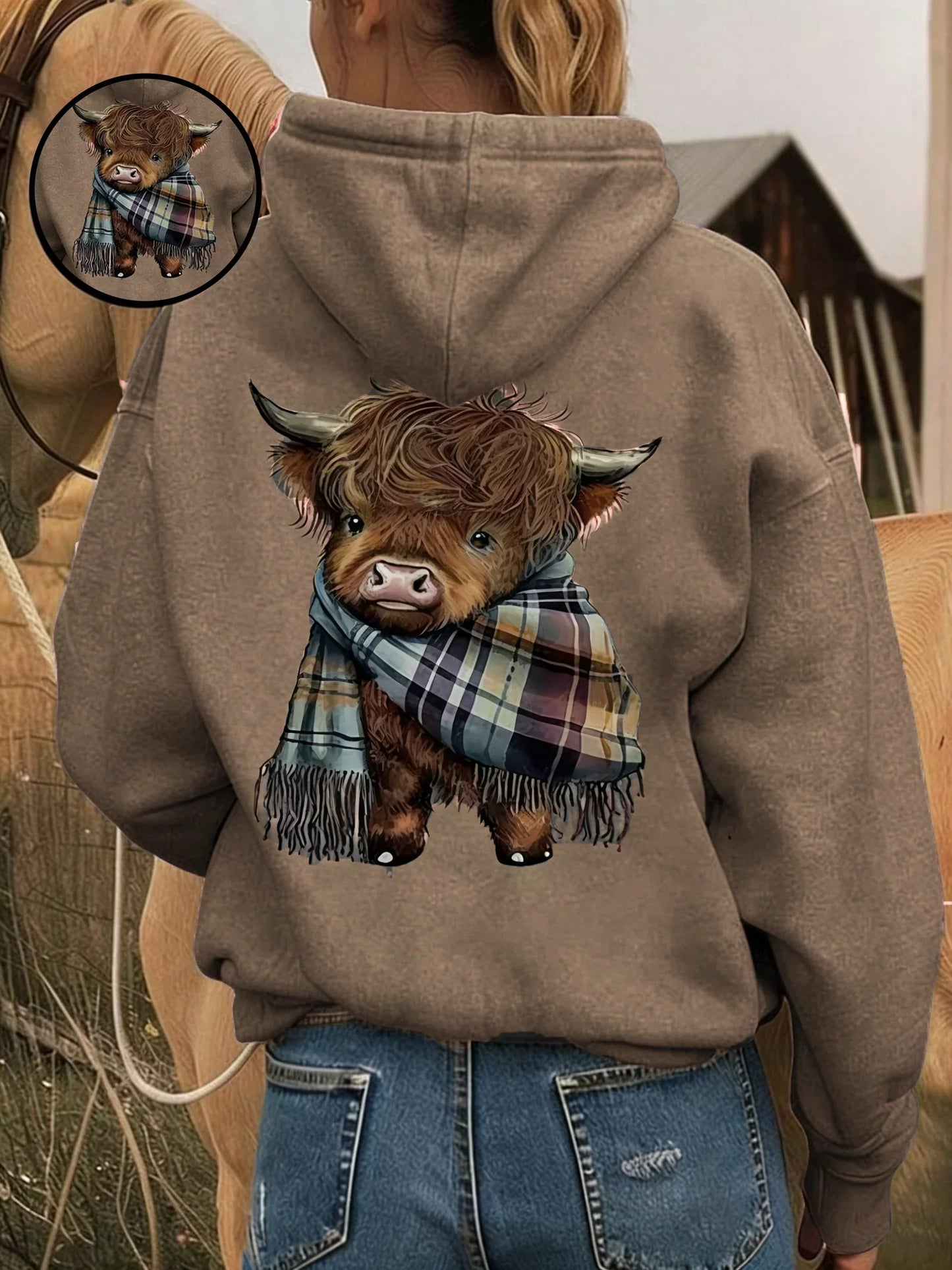 🎄HOT SALE 50% OFF!!🎁Cute Highland Cow Cozy Fleece-Lined Hooded Sweatshirt🦬✨Perfect Gift for Her!