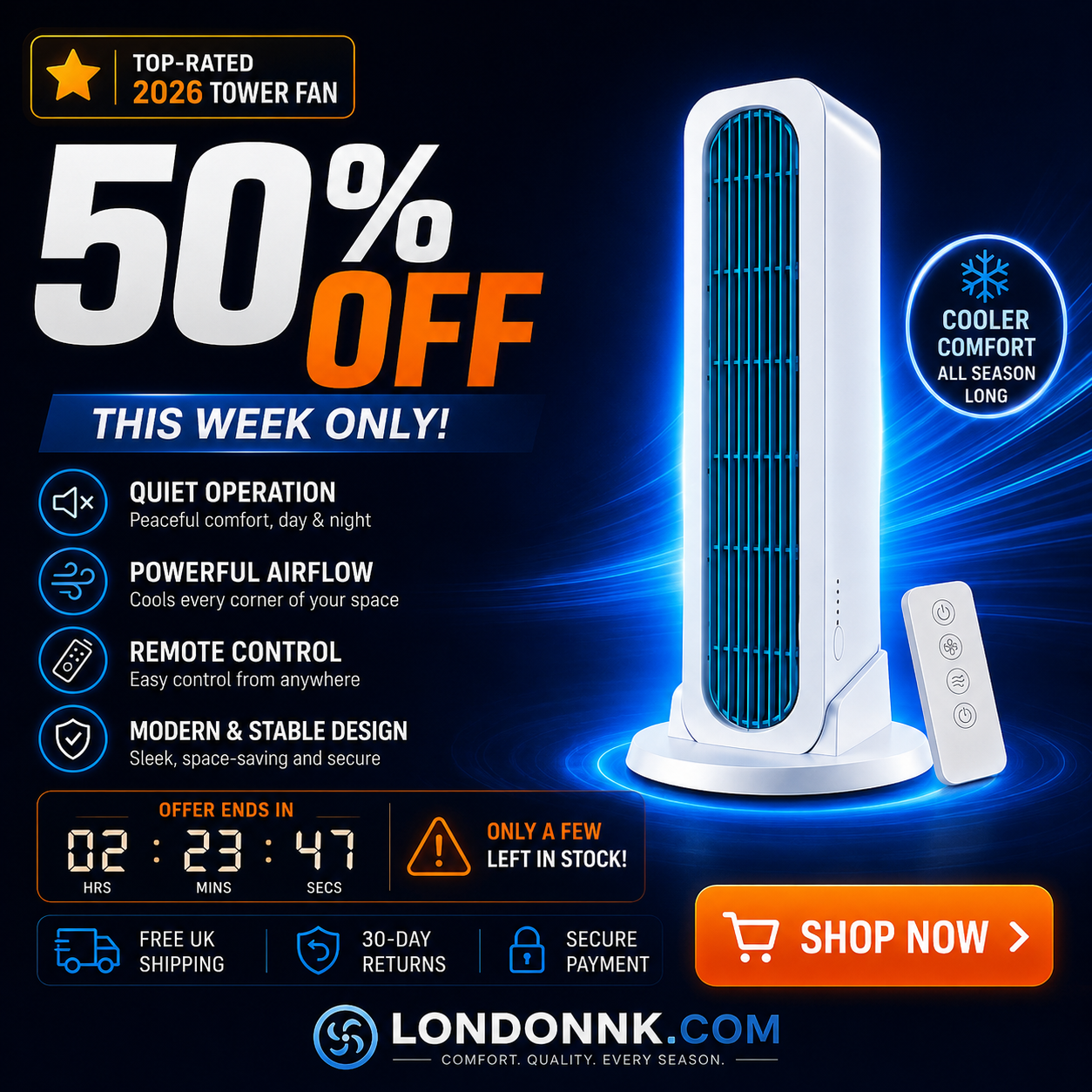 ❄️【Cool the Entire Room in 90 Seconds】Tower Fan—an air conditioner that can be used in both upright and horizontal positions