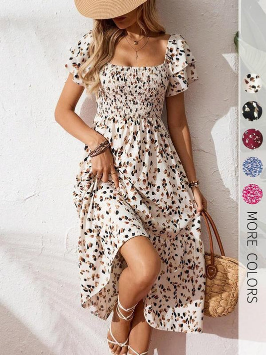 🌈2026 Summer Hot Sale ✨Square Neck Floral Midi Dress – Smocked Bodice, Flowy Tiered Skirt, Romantic 🌸