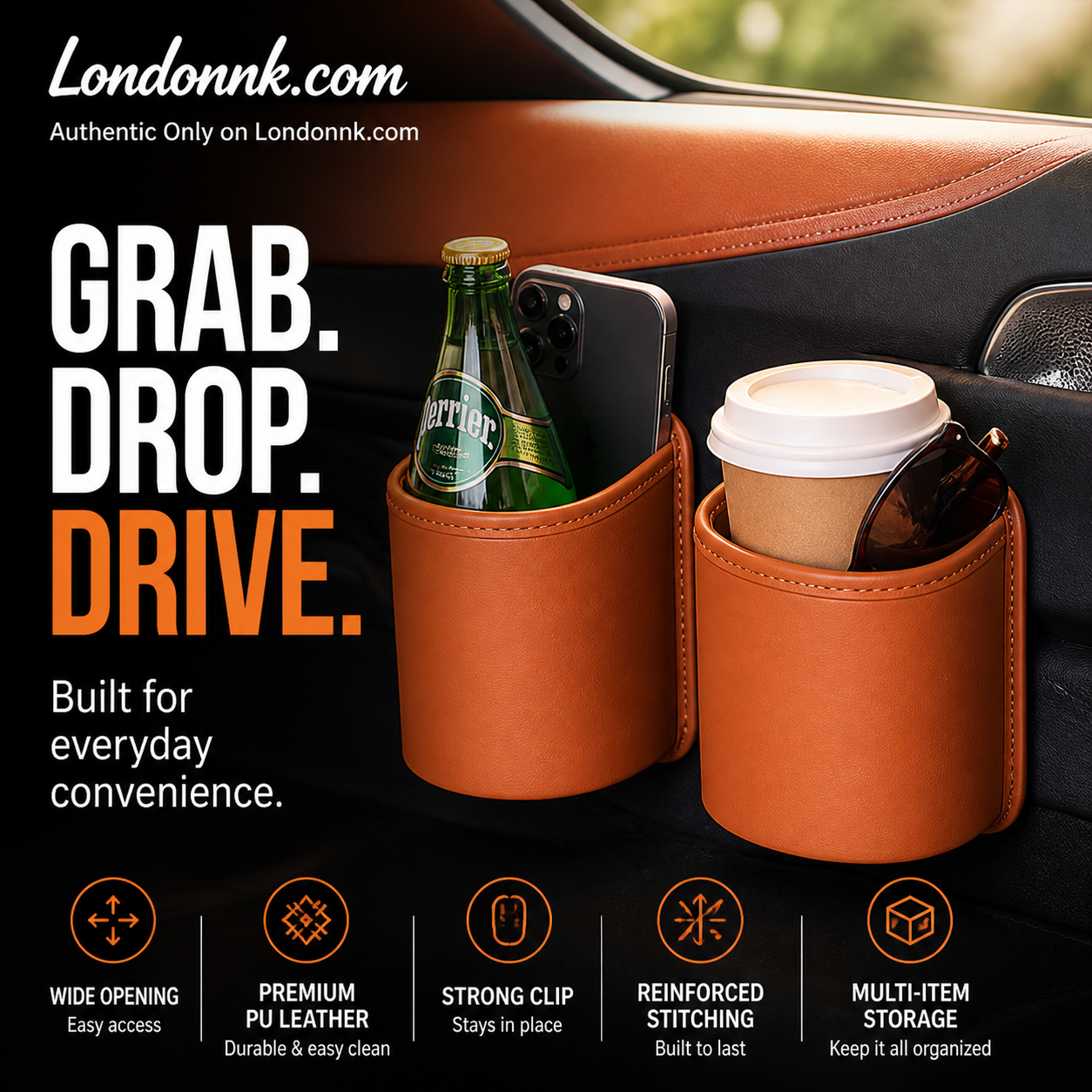🥳2026 HOT SALE🚗🧺 50% OFF! Leather Car Door Cup Holder – Wide‑mouth opening, easy reach for drinks & phone. Clip‑on secure fit. PU leather, tough & stylish. 🛡️✨