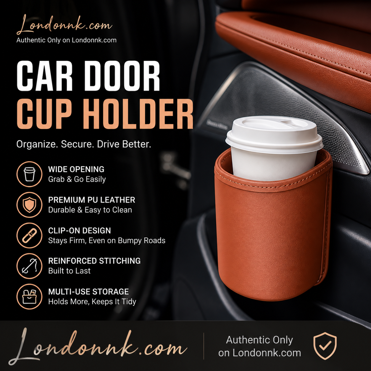 🥳2026 HOT SALE🚗🧺 50% OFF! Leather Car Door Cup Holder – Wide‑mouth opening, easy reach for drinks & phone. Clip‑on secure fit. PU leather, tough & stylish. 🛡️✨