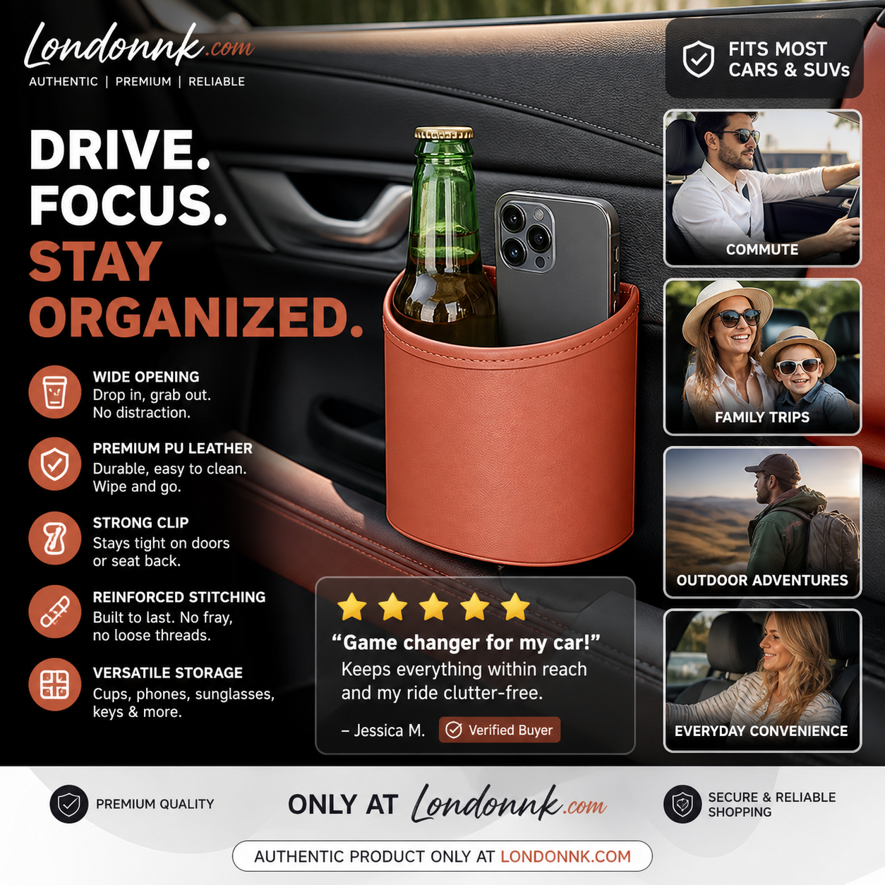 🥳2026 HOT SALE🚗🧺 50% OFF! Leather Car Door Cup Holder – Wide‑mouth opening, easy reach for drinks & phone. Clip‑on secure fit. PU leather, tough & stylish. 🛡️✨