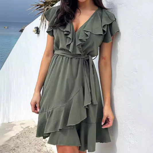 🩷Summer Hot Sale 60% OFF☀️Women's Elegant Waist Tie V-Neck Ruffle Dress