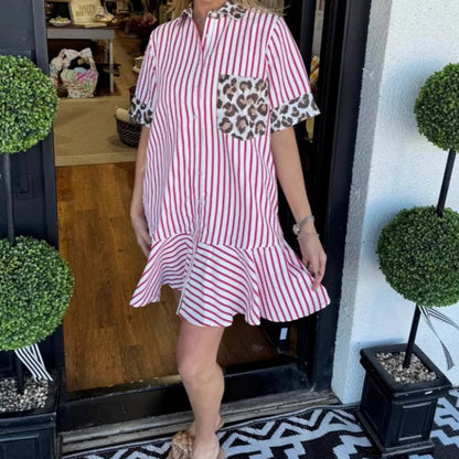 Women's Fashion Striped Patchwork Leopard Print Shirt Dresses