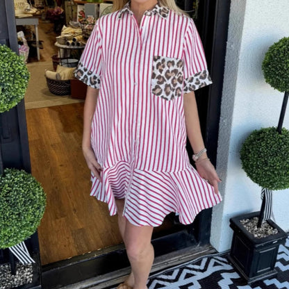 Women's Fashion Striped Patchwork Leopard Print Shirt Dresses