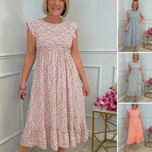 🎉🛍️Hot Promotion 50% OFF💃Women's Elegant Floral Print High-Waisted Ruffle Cap Sleeve Dress