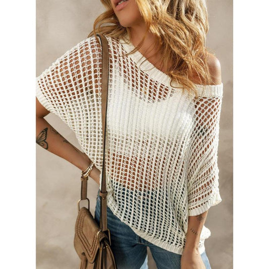 💥This Week's Special Price 💥Womens Summer Scoop Neck ShortSleeve Sweater Casual Crochet Hollow Out KnitTops