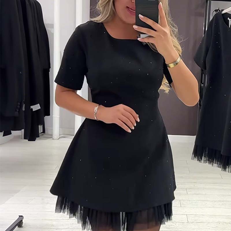 Women’s Sparkling Lace Trim Short-Sleeve Mini Dress