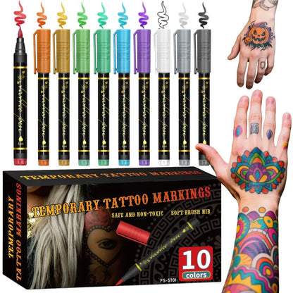🎁🔥Last day sale 50% OFF🔥Cosmetic Grade Temporary Tattoo Markers for Skin, 10/15 Vibrant Colors Flexible Brush Tip Pens,, High Detail, Face Makeup Halloween, None Toxic, Office Stationery Writing Tool