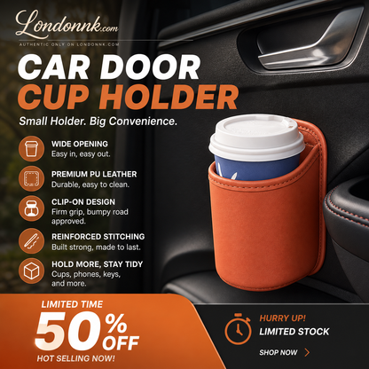🥳2026 HOT SALE🚗🧺 50% OFF! Leather Car Door Cup Holder – Wide‑mouth opening, easy reach for drinks & phone. Clip‑on secure fit. PU leather, tough & stylish. 🛡️✨